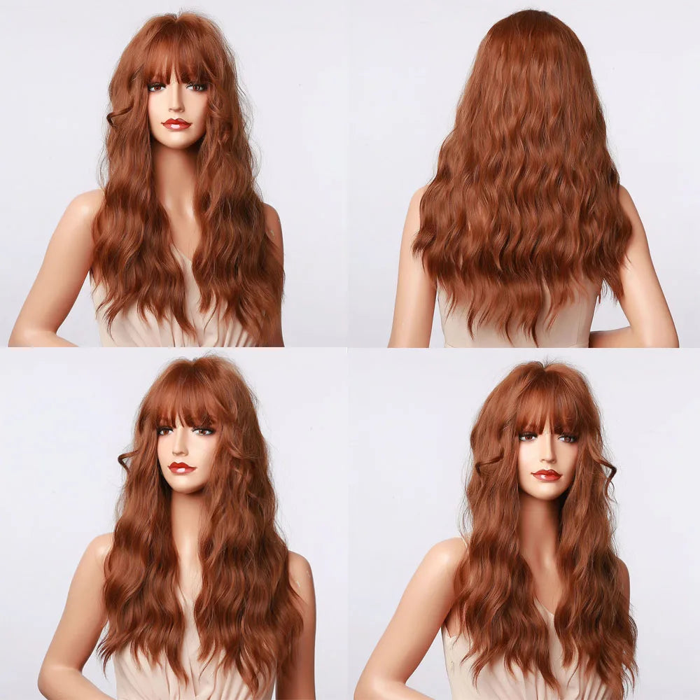 HENRY MARGU Long Wavy Brown Red Orange Wigs with Bangs Cosplay Party Heat Resistant Synthetic Hair Wigs for Black Women Afro