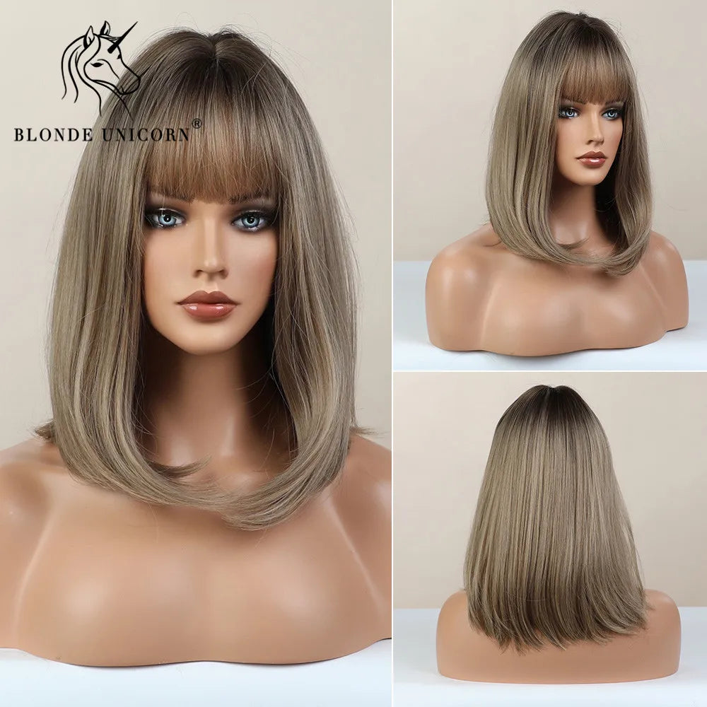 BLONDE UNICORN Synthetic Wig Natural Short Bob Wig Brown Blonde Straight Hair With Bangs Daily Use For Women Heat Resistant