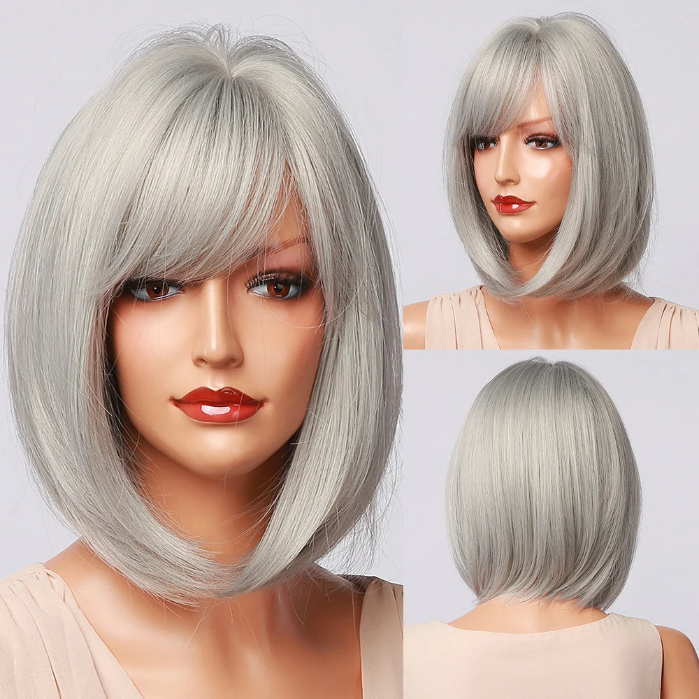 BLONDE UNICORN Synthetic Wig Natural Short Bob Wig Brown Blonde Straight Hair With Bangs Daily Use For Women Heat Resistant