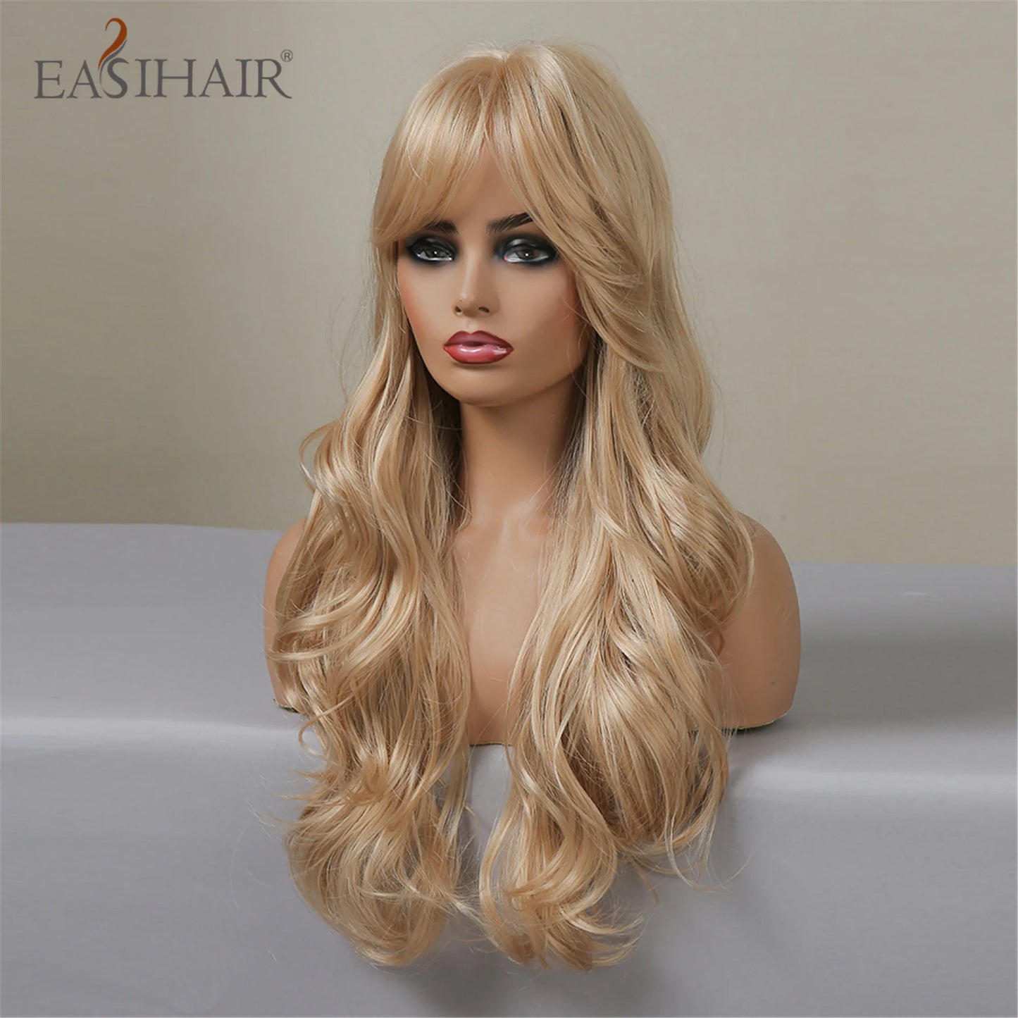 EASIHAIR Ash Blonde Wavy Cosplay Wigs with Bangs Natural Long Synthetic Hairs for Women Lolita Party Heat Resistant Fibers Wig