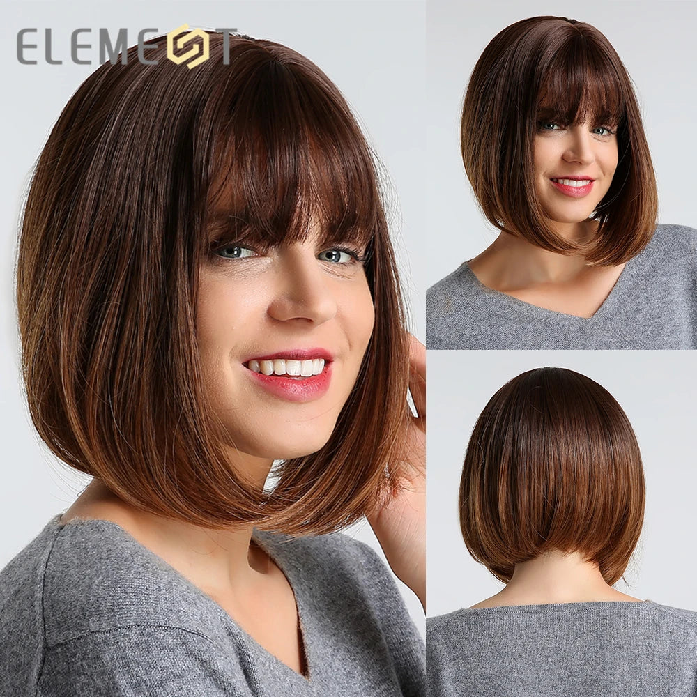 ELEMENT Synthetic Short Straight Wig Black Ombre Blonde Bob Wigs with Bangs for Women Cosplay Party Daily Hair Headband