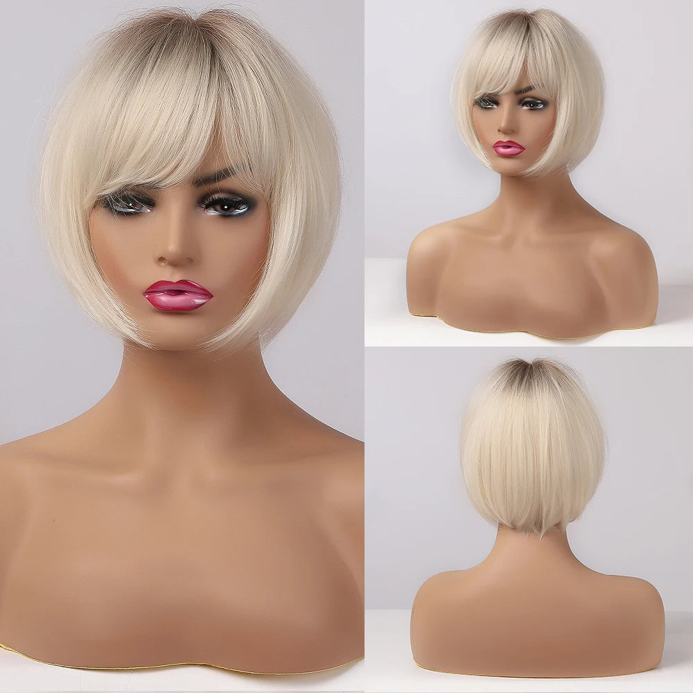 LOUIS FERRE Blonde Short Bob Wigs with Bangs Heat Resistant Synthetic Daily Cosplay Ombre Blonde Hair Wigs for White/Black Women