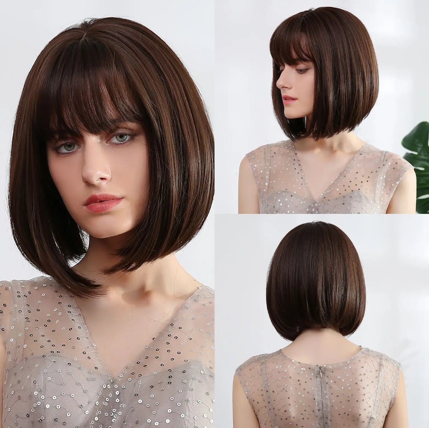 ELEMENT Synthetic Short Straight Wig Black Ombre Blonde Bob Wigs with Bangs for Women Cosplay Party Daily Hair Headband