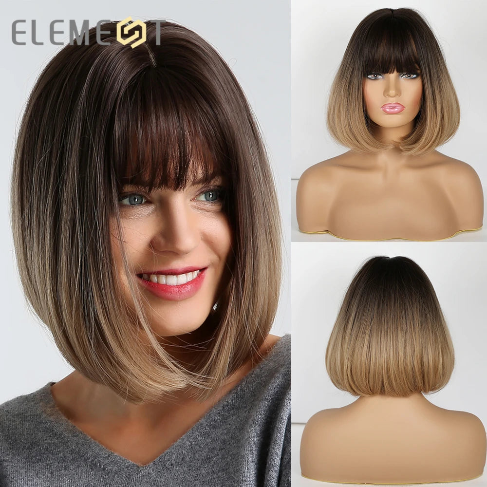 ELEMENT Synthetic Short Straight Wig Black Ombre Blonde Bob Wigs with Bangs for Women Cosplay Party Daily Hair Headband