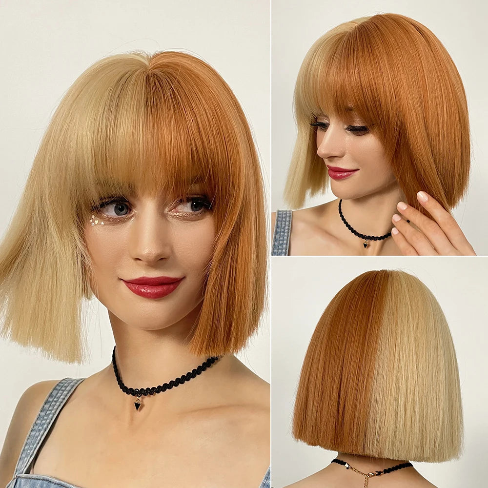 BLONDE UNICORN Synthetic Wig Natural Short Bob Wig Brown Blonde Straight Hair With Bangs Daily Use For Women Heat Resistant