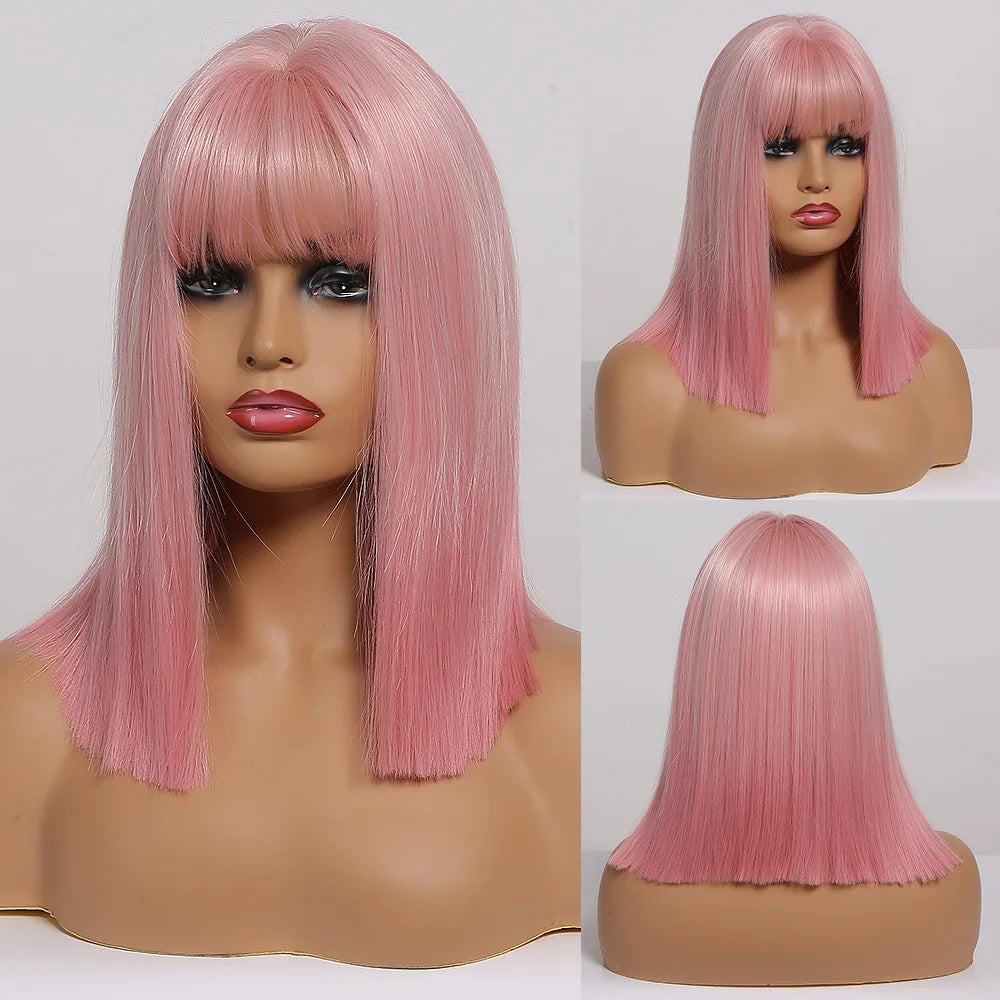 Medium Straight Black Bob Synthetic Wig with Bangs Short Honey Brown Wigs for Woman Auburn Natural Hair Daily Wig Heat Resistant