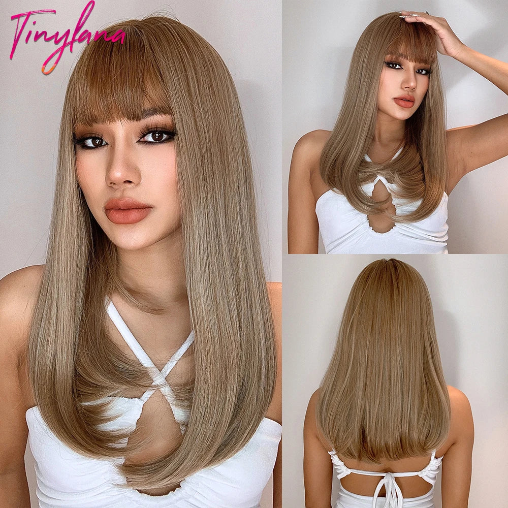 Medium Straight Black Bob Synthetic Wig with Bangs Short Honey Brown Wigs for Woman Auburn Natural Hair Daily Wig Heat Resistant