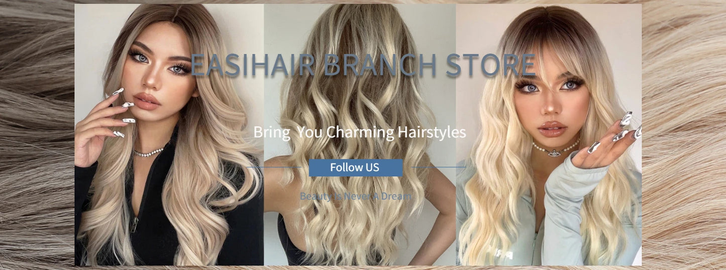 EASIHAIR Ash Blonde Wavy Cosplay Wigs with Bangs Natural Long Synthetic Hairs for Women Lolita Party Heat Resistant Fibers Wig