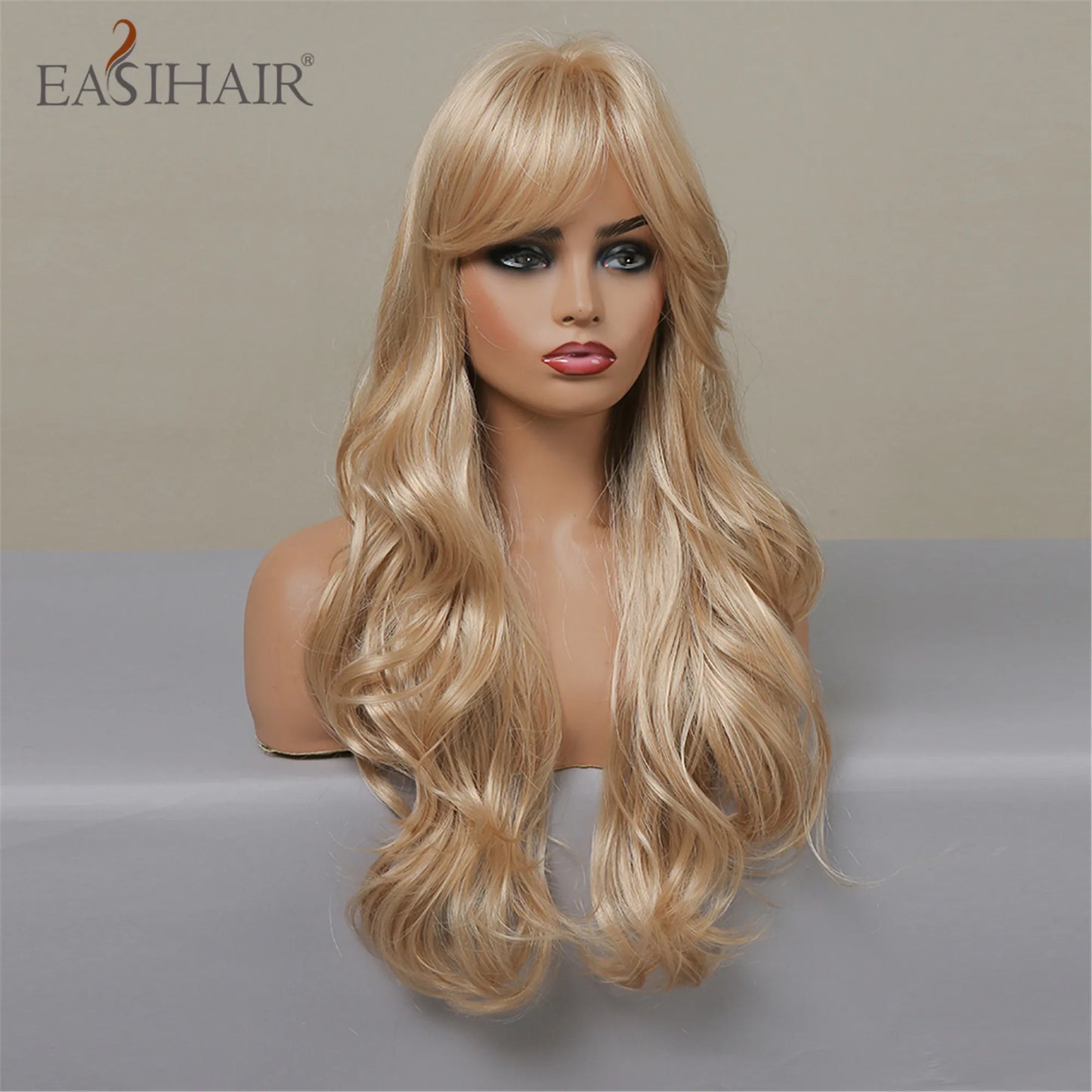 EASIHAIR Ash Blonde Wavy Cosplay Wigs with Bangs Natural Long Synthetic Hairs for Women Lolita Party Heat Resistant Fibers Wig