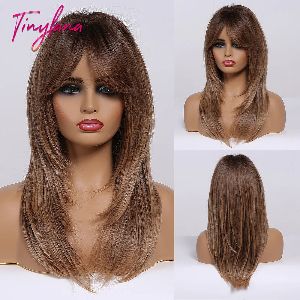 Medium Straight Black Bob Synthetic Wig with Bangs Short Honey Brown Wigs for Woman Auburn Natural Hair Daily Wig Heat Resistant