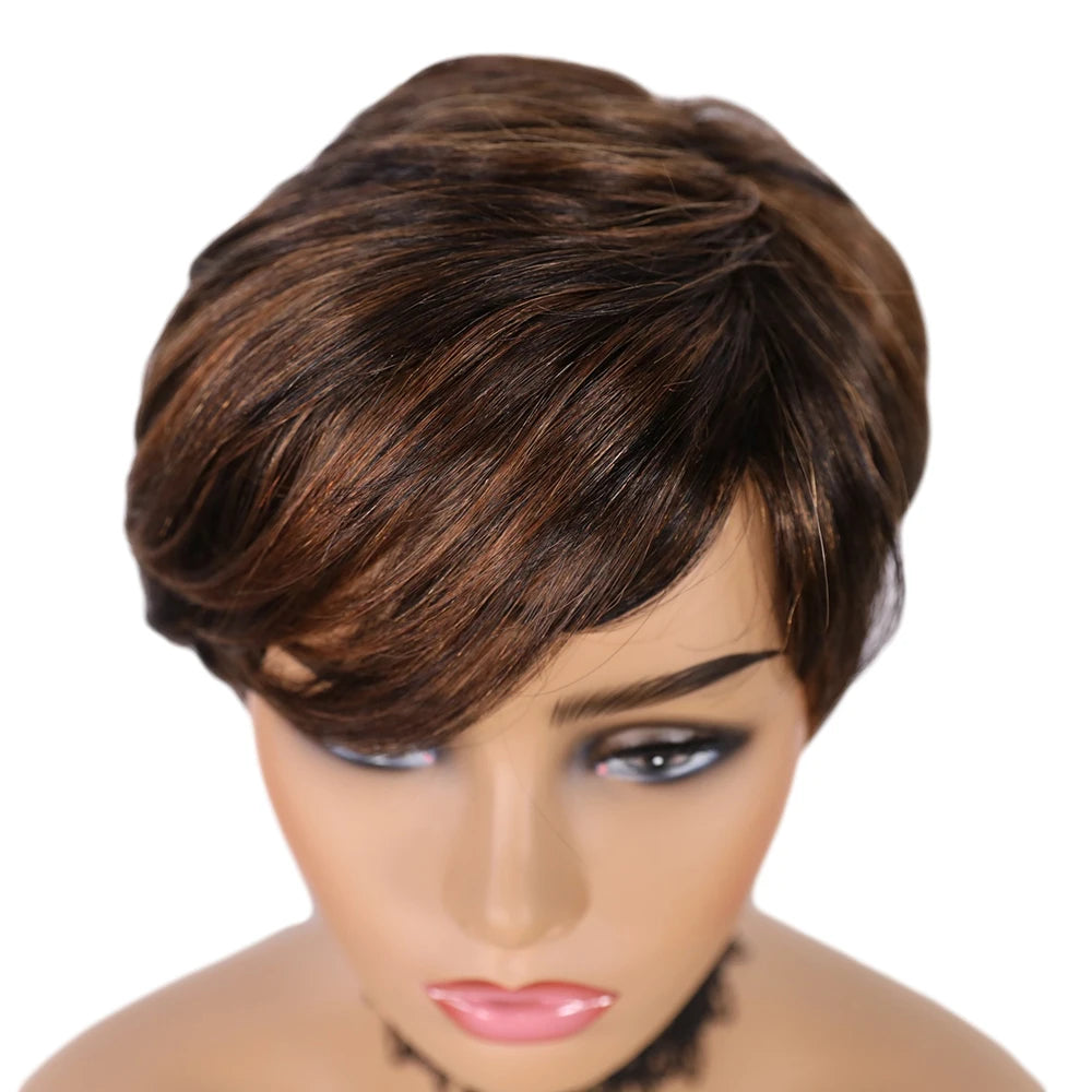 DQ Short Razor Cut Wavy Bob Pixie Wigs Non Lace Front Human Hair Wigs With Bangs For Women Full Machine Made Remy Brazilian