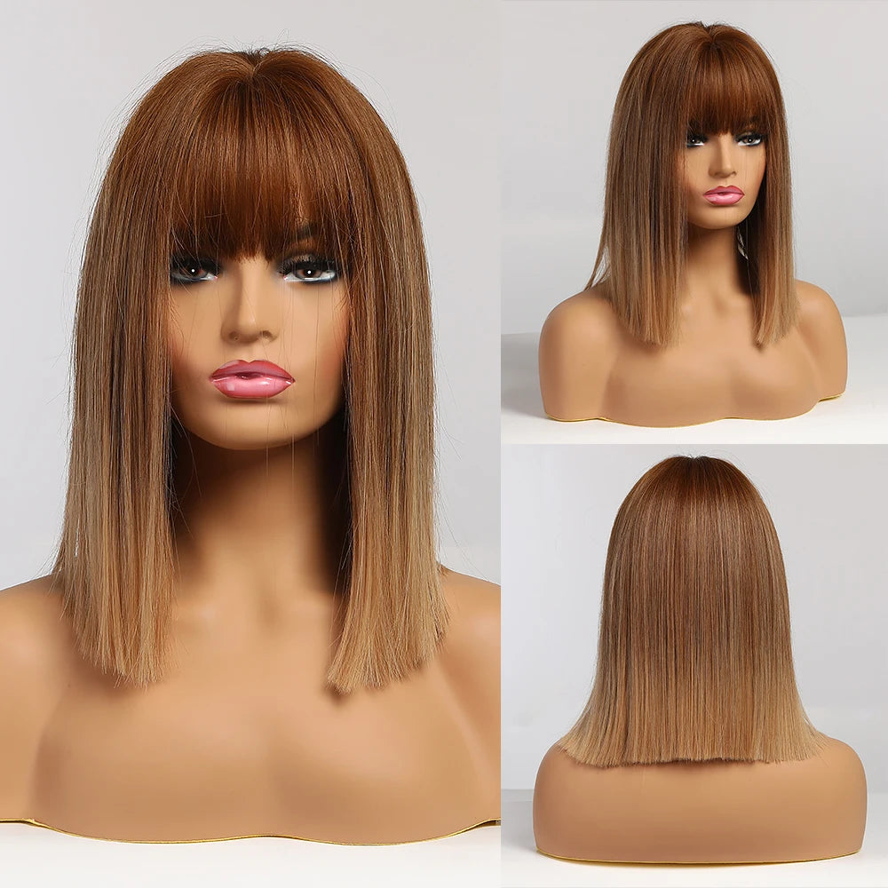 Medium Straight Black Bob Synthetic Wig with Bangs Short Honey Brown Wigs for Woman Auburn Natural Hair Daily Wig Heat Resistant