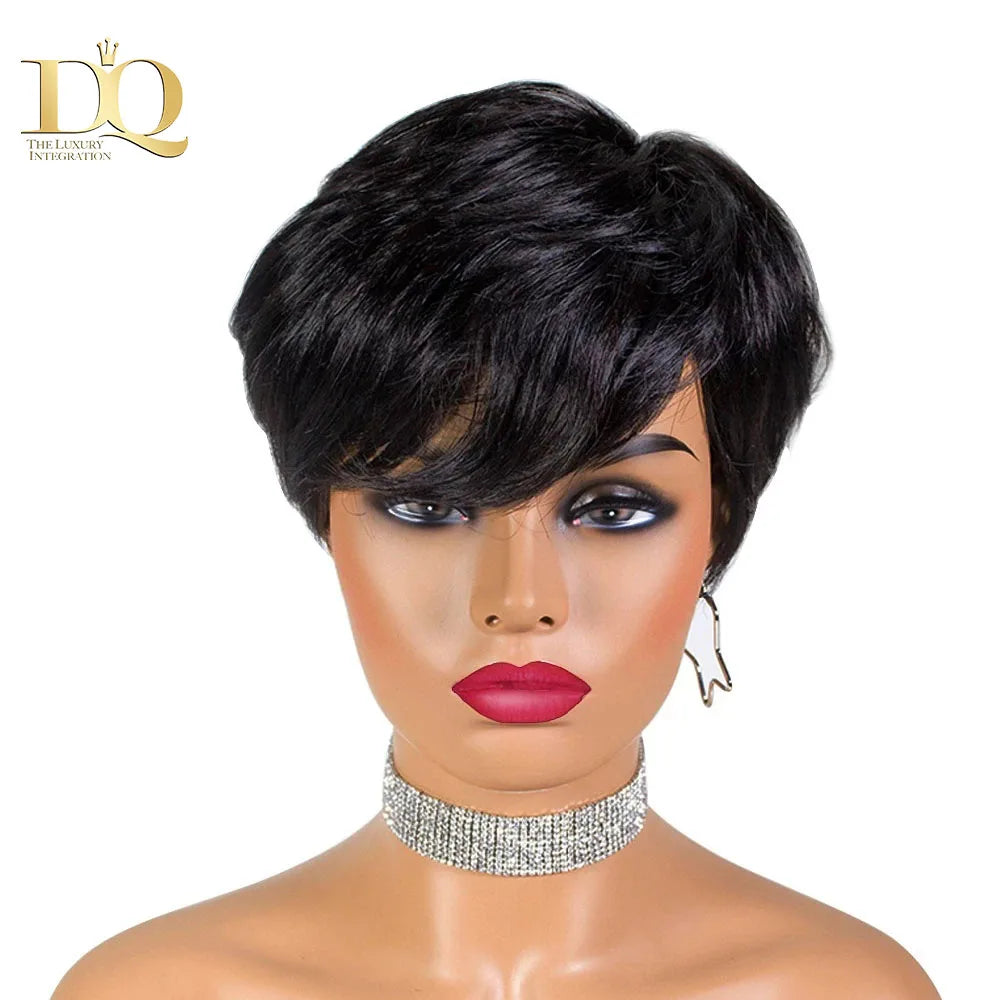 DQ Short Razor Cut Wavy Bob Pixie Wigs Non Lace Front Human Hair Wigs With Bangs For Women Full Machine Made Remy Brazilian