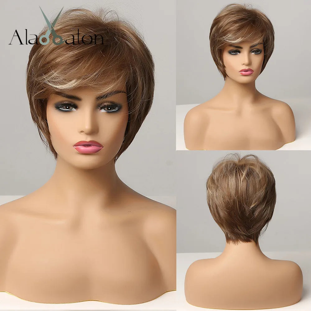 ALAN EATON Short Straight Ombre Brown Blonde Bob Wig With Bangs Synthetic Hair Wig for Women Cosplay Lolita Heat Resistant Fiber