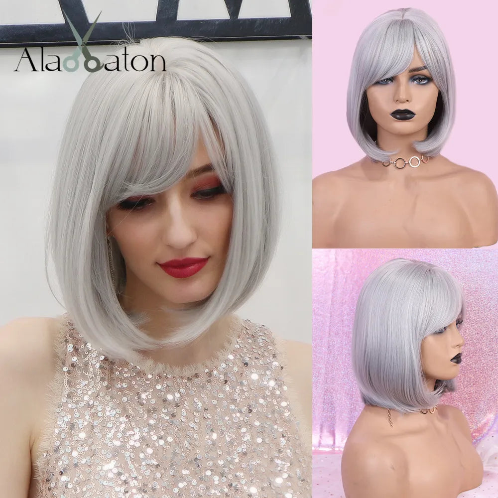 ALAN EATON Short Straight Ombre Brown Blonde Bob Wig With Bangs Synthetic Hair Wig for Women Cosplay Lolita Heat Resistant Fiber