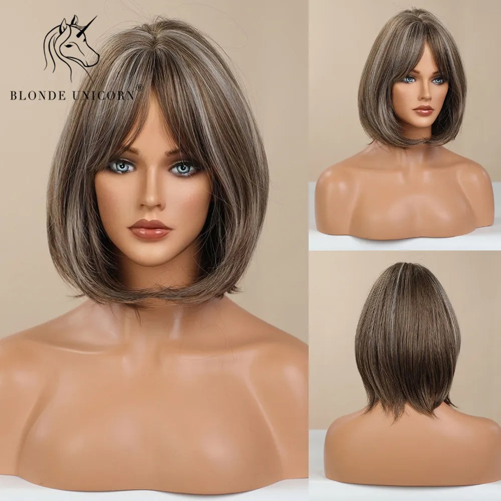 BLONDE UNICORN Synthetic Wig Natural Short Bob Wig Brown Blonde Straight Hair With Bangs Daily Use For Women Heat Resistant