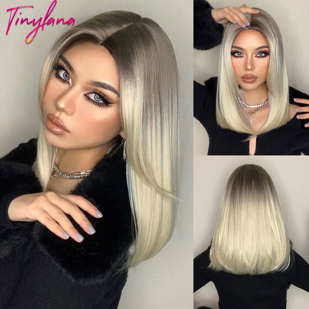 Medium Straight Black Bob Synthetic Wig with Bangs Short Honey Brown Wigs for Woman Auburn Natural Hair Daily Wig Heat Resistant