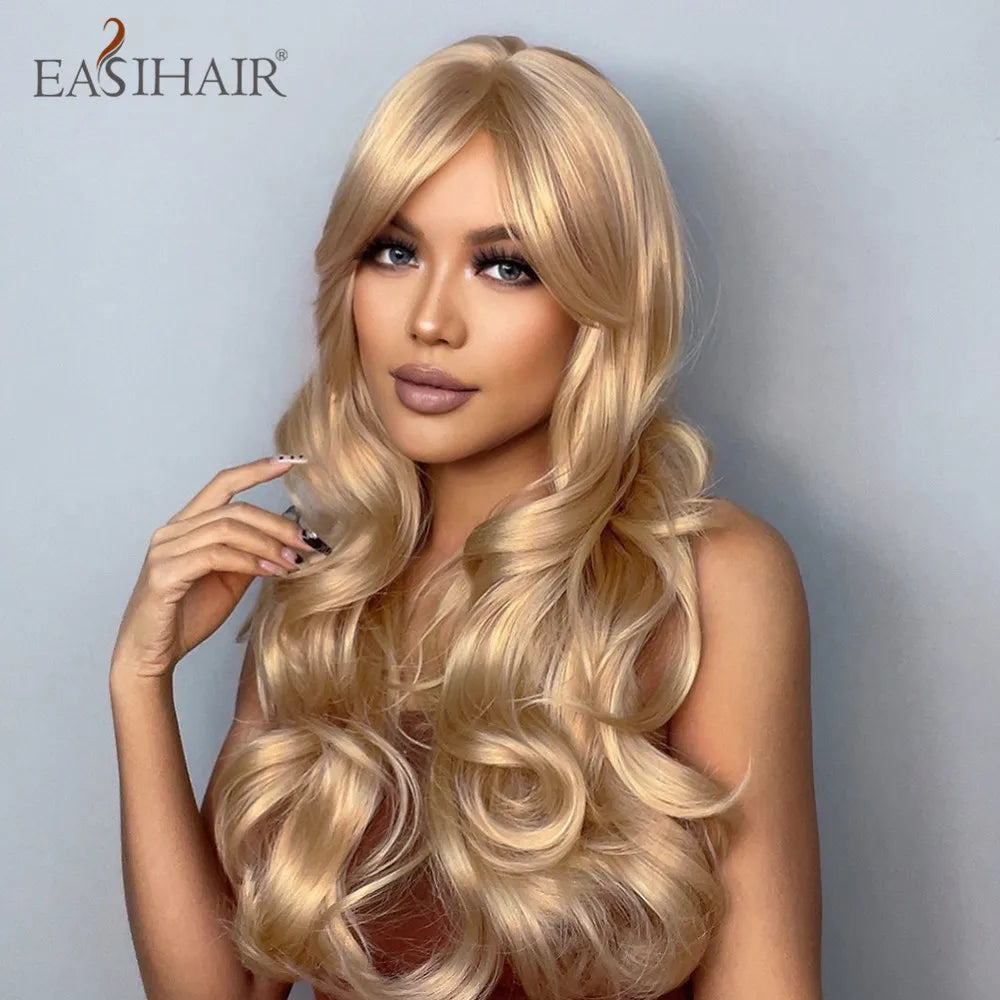EASIHAIR Ash Blonde Wavy Cosplay Wigs with Bangs Natural Long Synthetic Hairs for Women Lolita Party Heat Resistant Fibers Wig