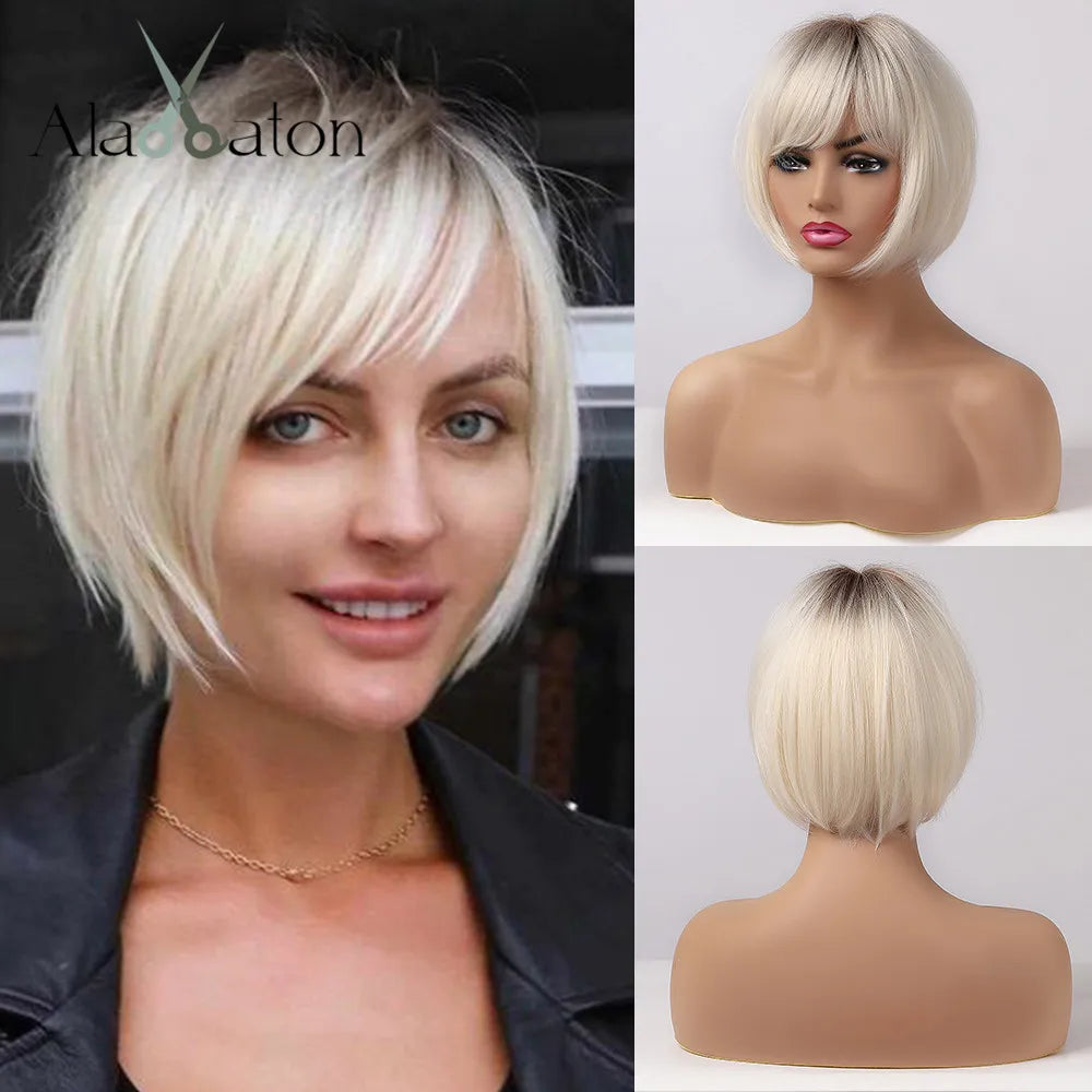 ALAN EATON Short Straight Ombre Brown Blonde Bob Wig With Bangs Synthetic Hair Wig for Women Cosplay Lolita Heat Resistant Fiber