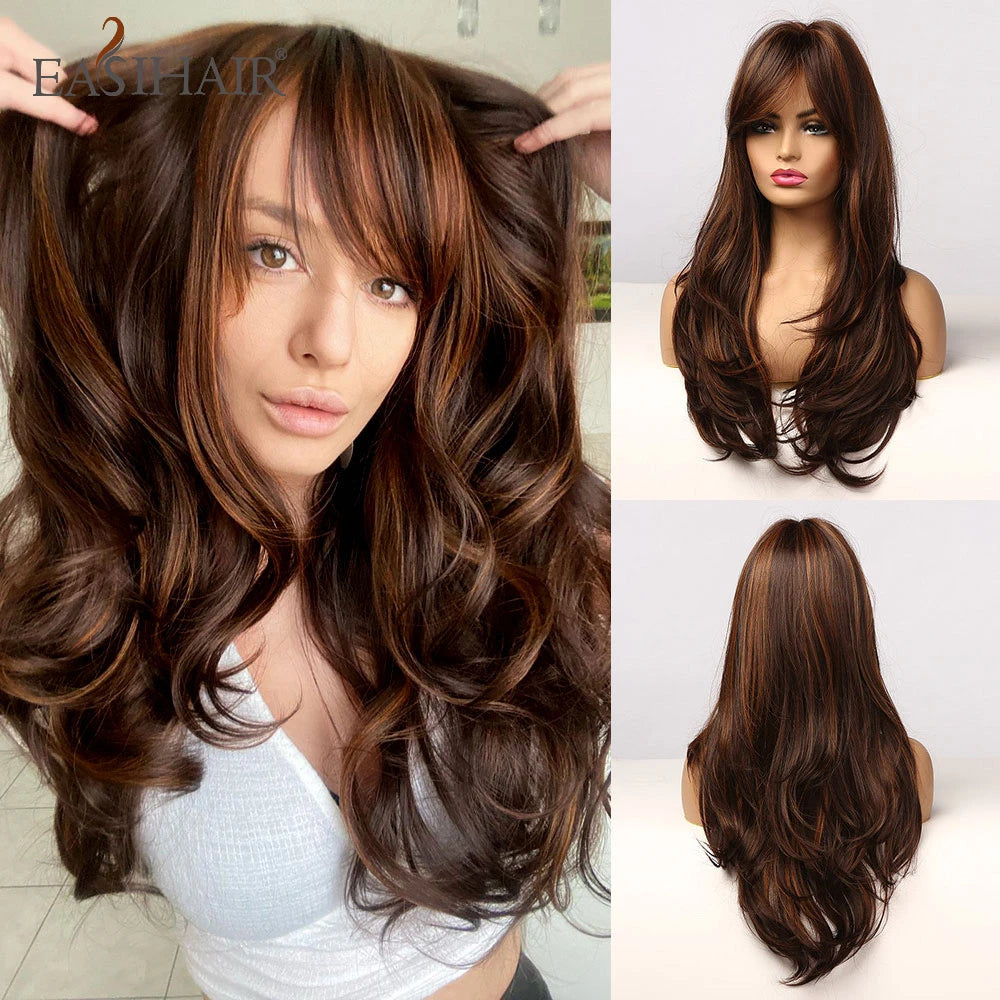 EASIHAIR Ash Blonde Wavy Cosplay Wigs with Bangs Natural Long Synthetic Hairs for Women Lolita Party Heat Resistant Fibers Wig