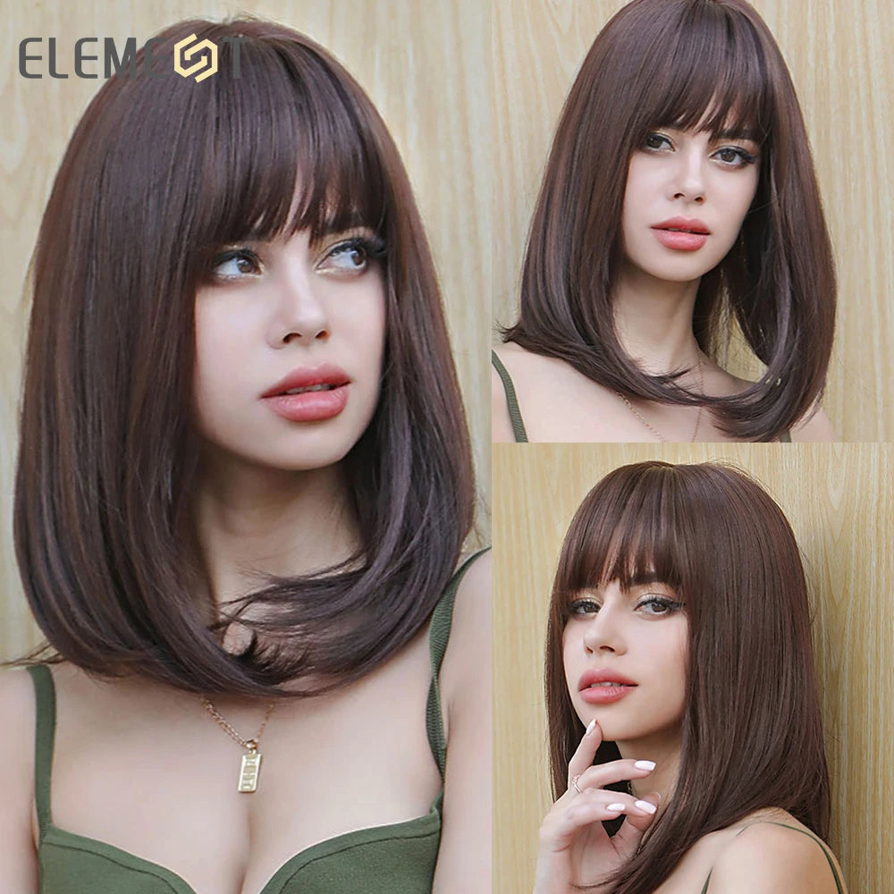 ELEMENT Synthetic Short Straight Wig Black Ombre Blonde Bob Wigs with Bangs for Women Cosplay Party Daily Hair Headband