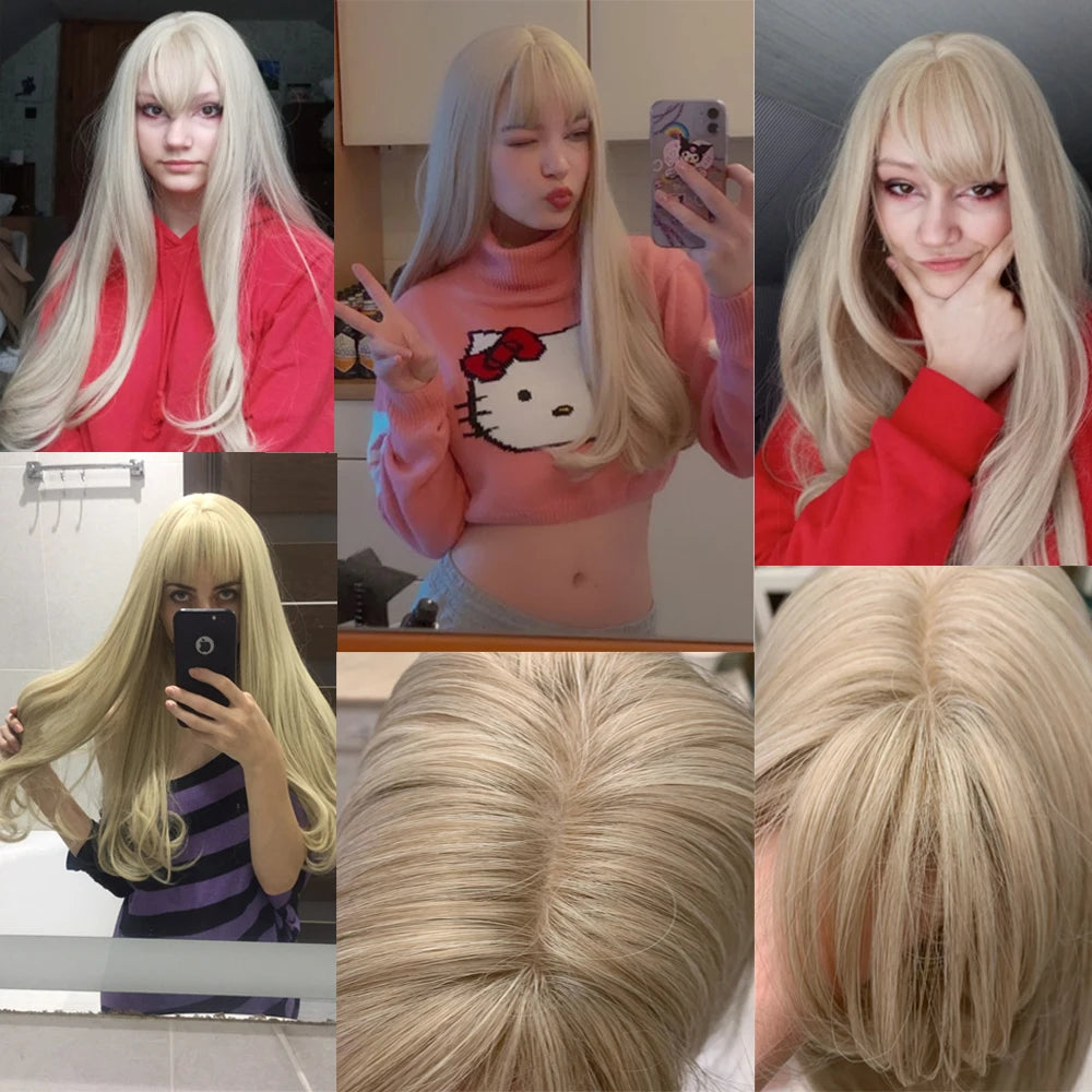 HENRY MARGU Long Natural Wavy Platinum Blonde Wigs with Bangs Cosplay Party Lolita Synthetic Wigs for Women Heat Resistant Fiber
