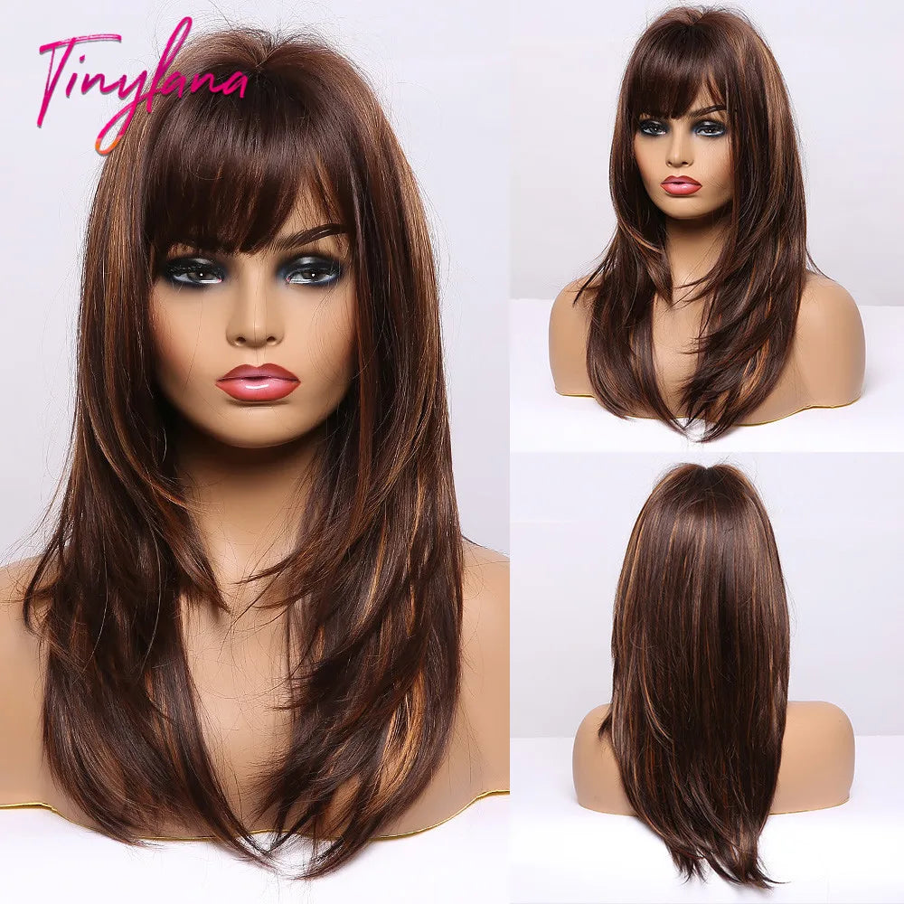 Medium Straight Black Bob Synthetic Wig with Bangs Short Honey Brown Wigs for Woman Auburn Natural Hair Daily Wig Heat Resistant