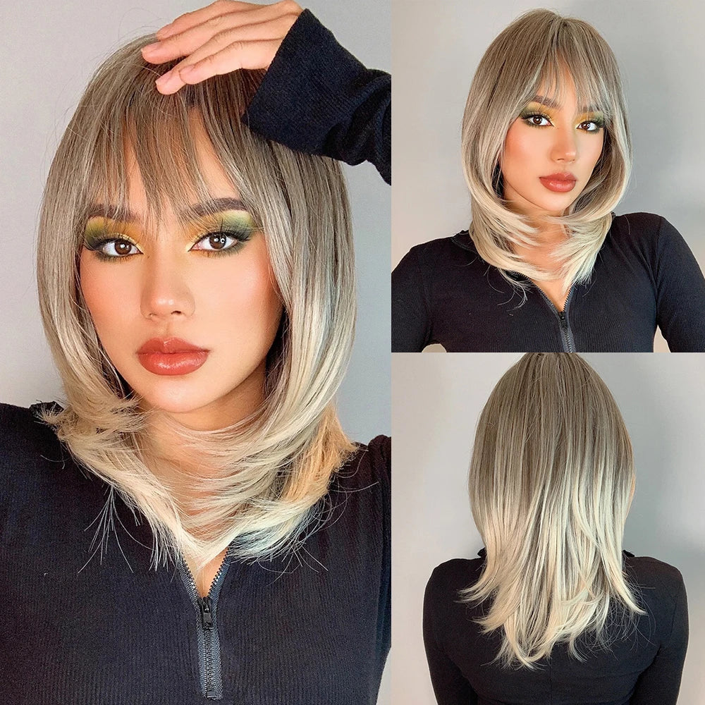 ELEMENT Synthetic Short Straight Wig Black Ombre Blonde Bob Wigs with Bangs for Women Cosplay Party Daily Hair Headband