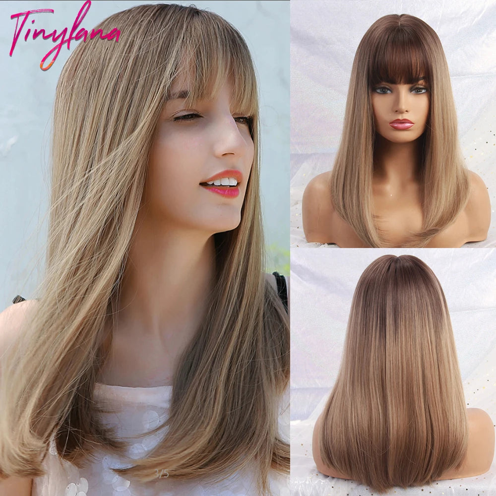 Medium Straight Black Bob Synthetic Wig with Bangs Short Honey Brown Wigs for Woman Auburn Natural Hair Daily Wig Heat Resistant