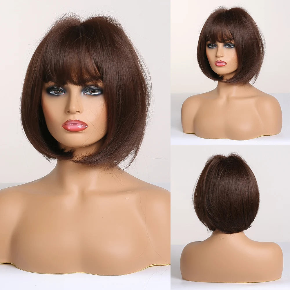 ALAN EATON Short Straight Ombre Brown Blonde Bob Wig With Bangs Synthetic Hair Wig for Women Cosplay Lolita Heat Resistant Fiber