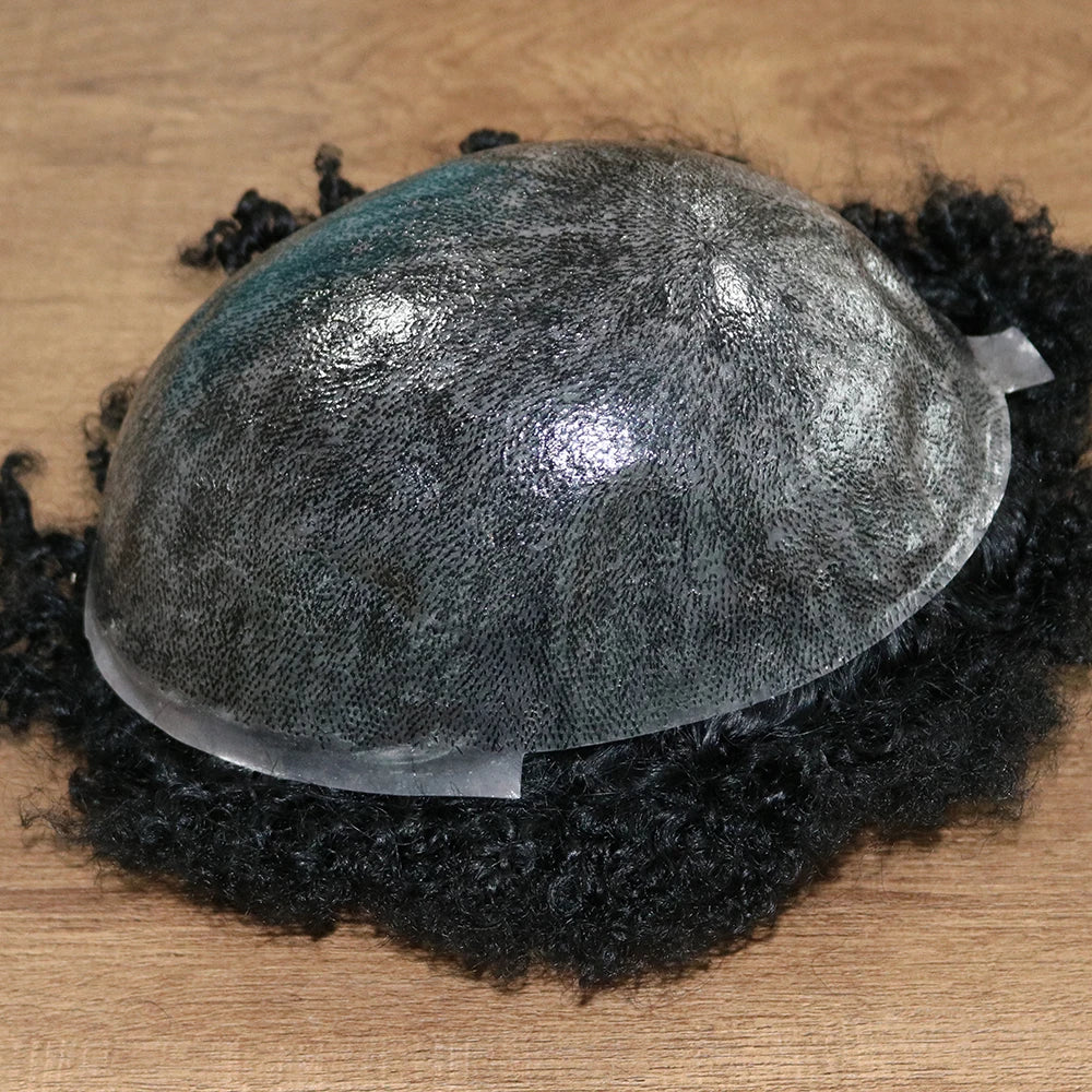 6mm 10mm Afro Wave Full Skin Toupee for Basketbass Players and Fans Brazilian Remy Human Hair Replacement Afro Wave Hair Men Wig