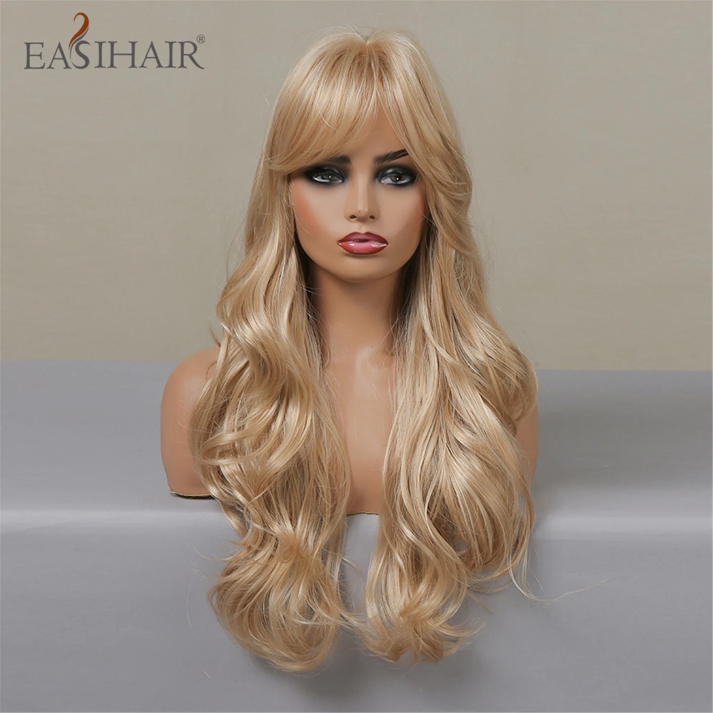EASIHAIR Ash Blonde Wavy Cosplay Wigs with Bangs Natural Long Synthetic Hairs for Women Lolita Party Heat Resistant Fibers Wig