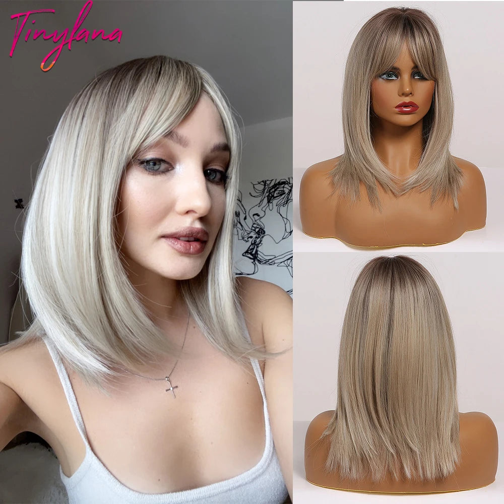 Medium Straight Black Bob Synthetic Wig with Bangs Short Honey Brown Wigs for Woman Auburn Natural Hair Daily Wig Heat Resistant