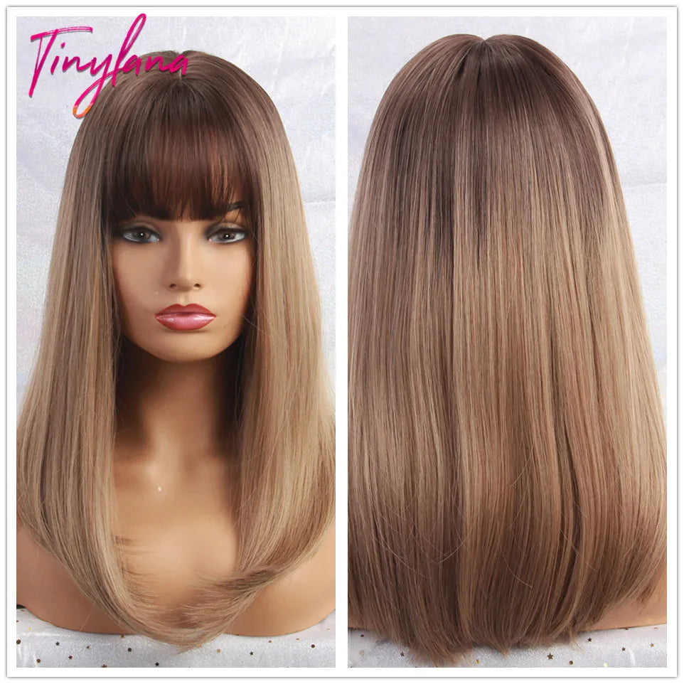 Medium Straight Black Bob Synthetic Wig with Bangs Short Honey Brown Wigs for Woman Auburn Natural Hair Daily Wig Heat Resistant