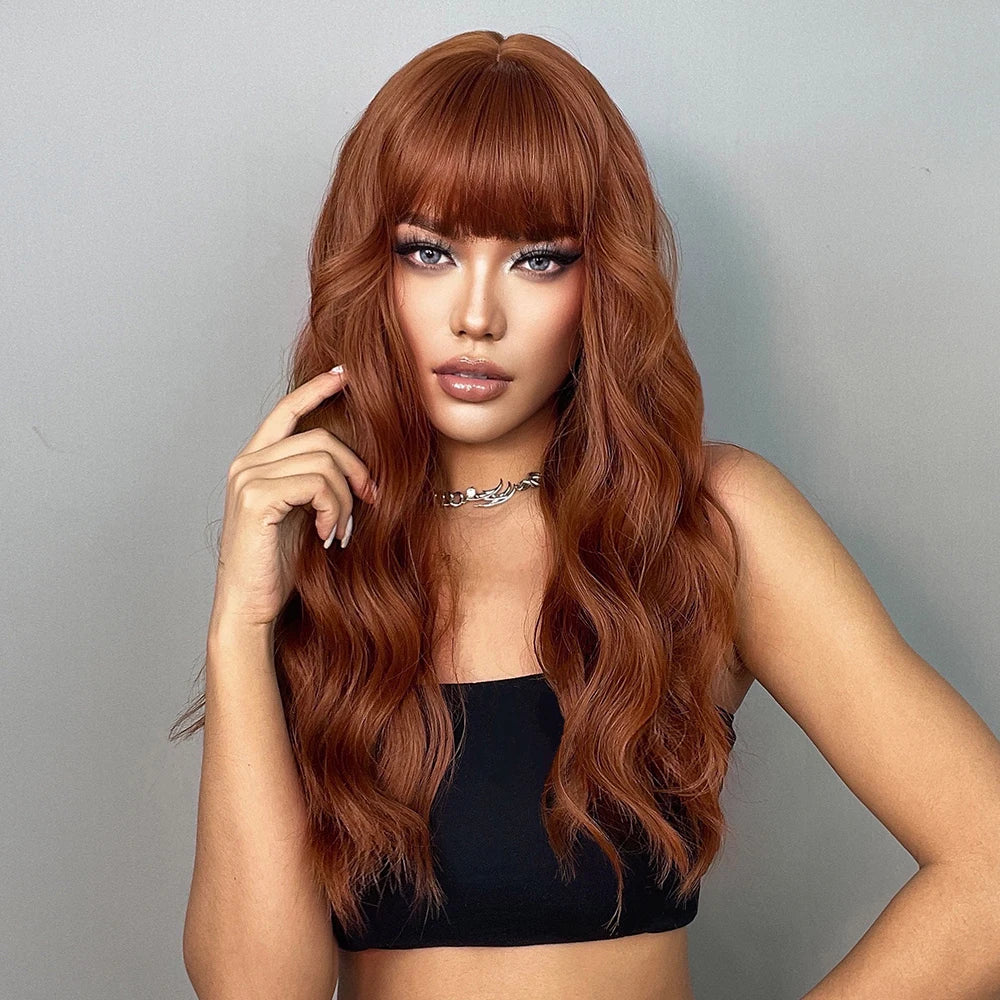 HENRY MARGU Long Wavy Brown Red Orange Wigs with Bangs Cosplay Party Heat Resistant Synthetic Hair Wigs for Black Women Afro