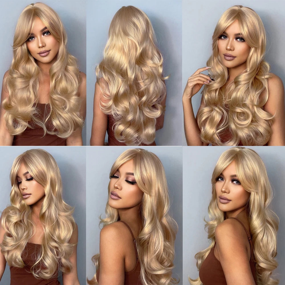 EASIHAIR Ash Blonde Wavy Cosplay Wigs with Bangs Natural Long Synthetic Hairs for Women Lolita Party Heat Resistant Fibers Wig