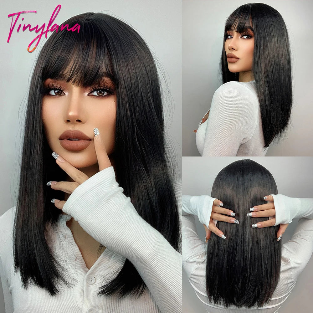 Medium Straight Black Bob Synthetic Wig with Bangs Short Honey Brown Wigs for Woman Auburn Natural Hair Daily Wig Heat Resistant
