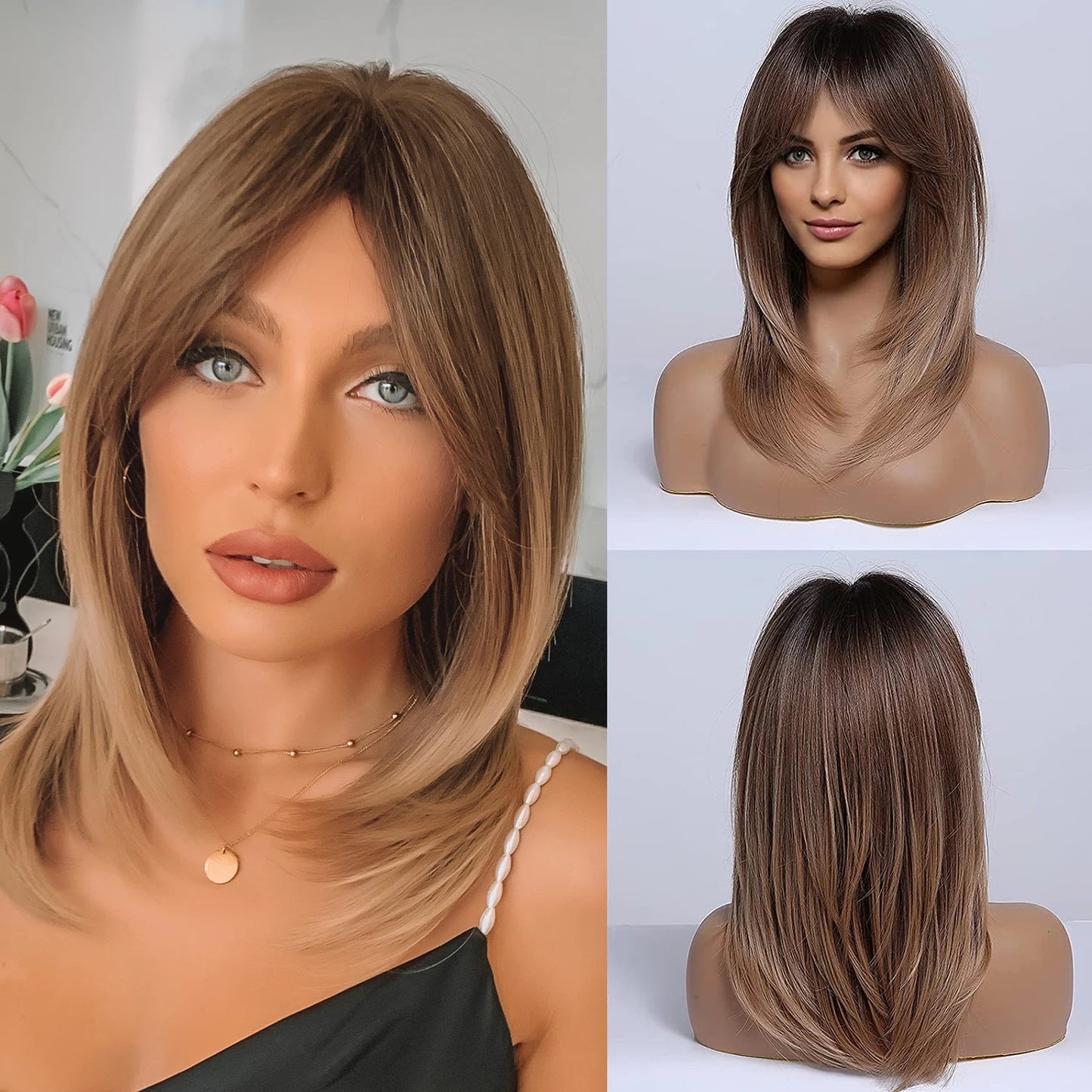 ELEMENT Synthetic Short Straight Wig Black Ombre Blonde Bob Wigs with Bangs for Women Cosplay Party Daily Hair Headband
