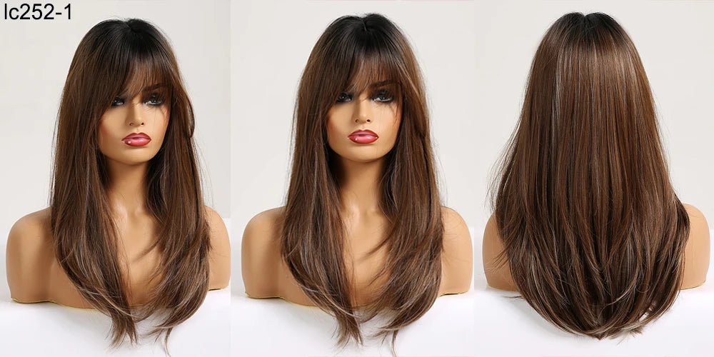 HENRY MARGU Long Straight Synthetic Wigs with Bangs Brown Red Copper Ginger Machine Made Wig for Women Cosplay Heat Resistant
