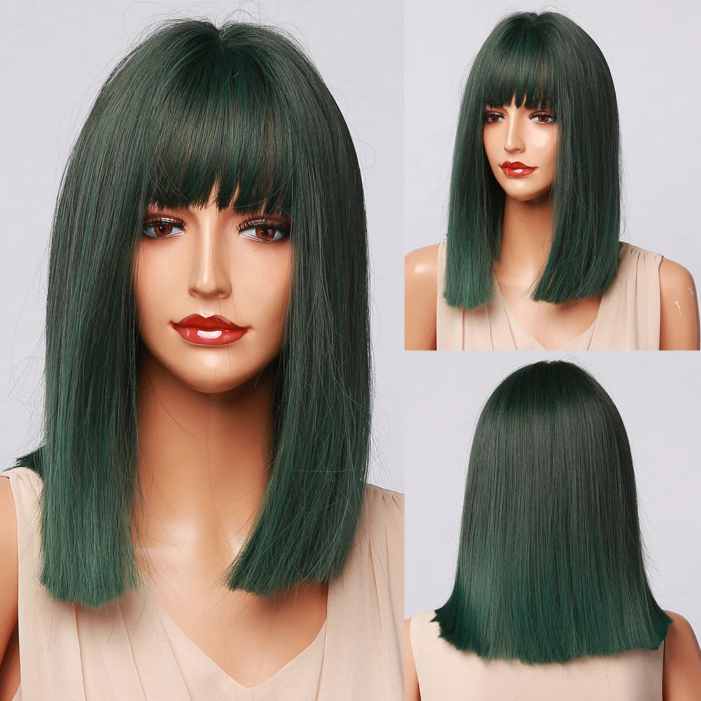 Medium Straight Black Bob Synthetic Wig with Bangs Short Honey Brown Wigs for Woman Auburn Natural Hair Daily Wig Heat Resistant