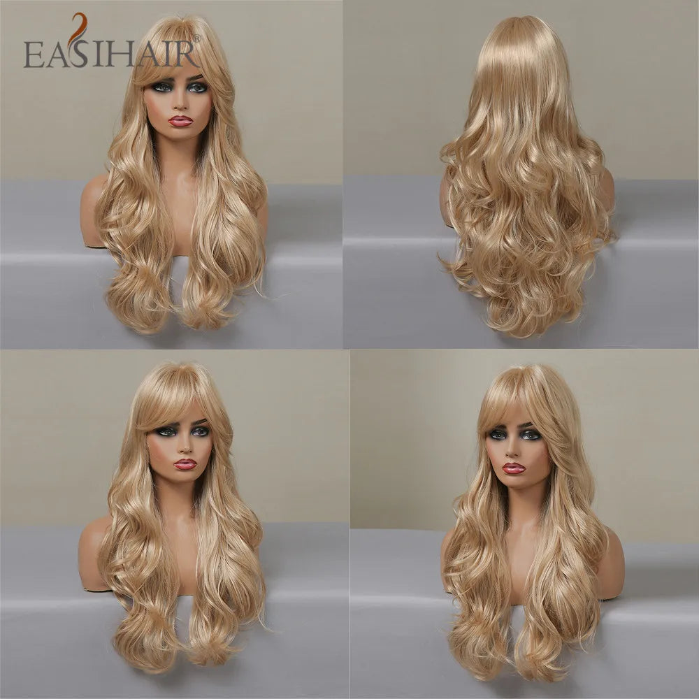 EASIHAIR Ash Blonde Wavy Cosplay Wigs with Bangs Natural Long Synthetic Hairs for Women Lolita Party Heat Resistant Fibers Wig