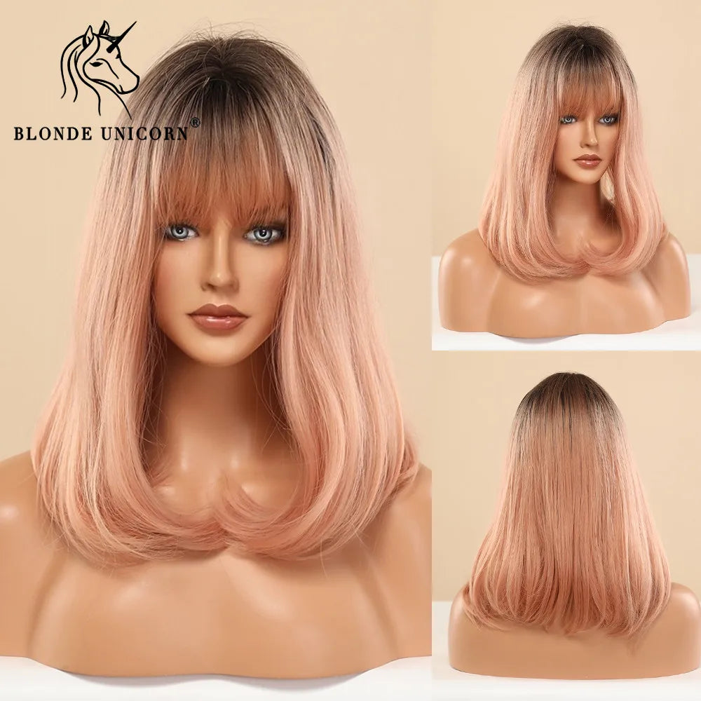 BLONDE UNICORN Synthetic Wig Natural Short Bob Wig Brown Blonde Straight Hair With Bangs Daily Use For Women Heat Resistant