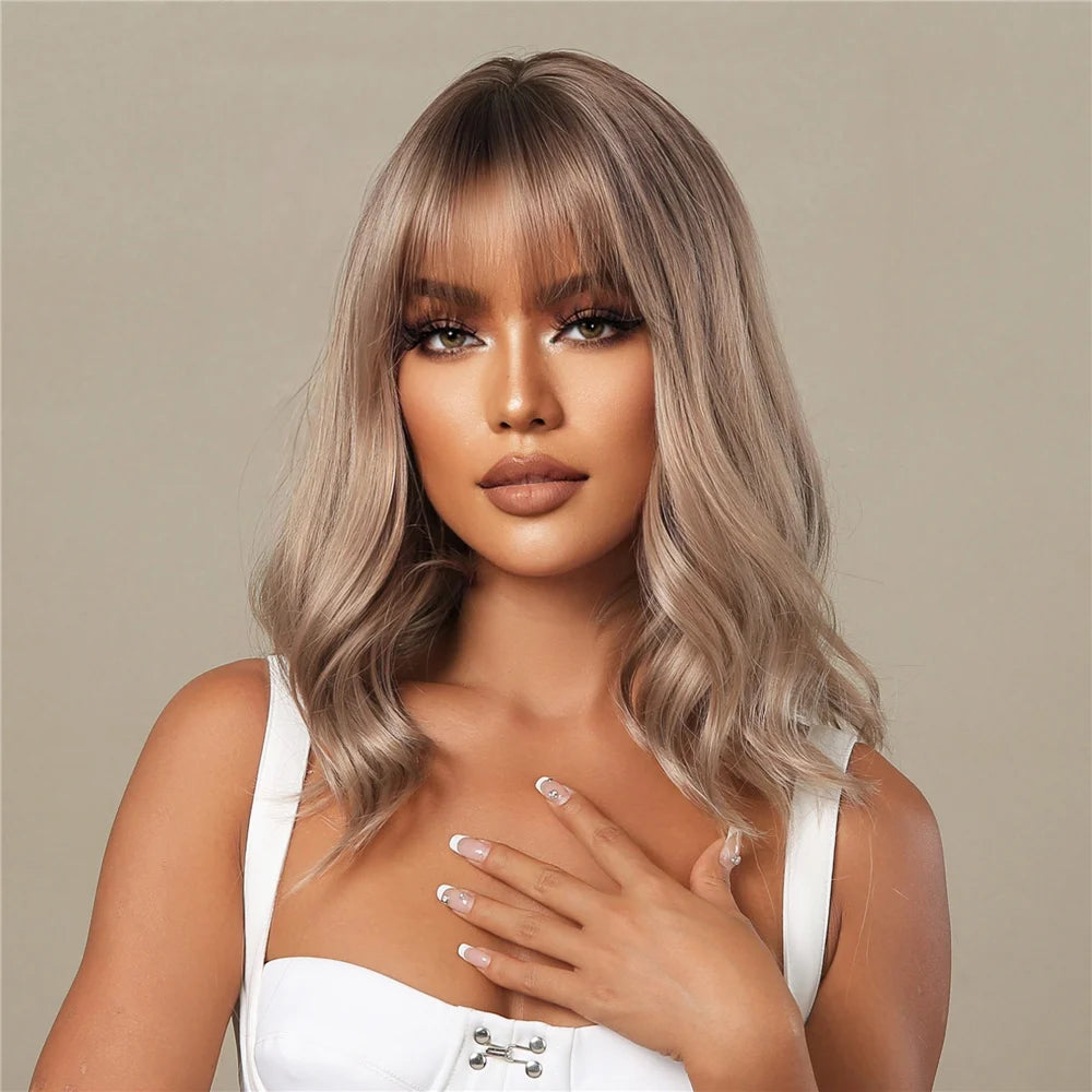 Rose Blonde Brown Short Bob Synthetic Wigs with Bangs Ash Blonde Natural Loose Wave Wig for Women Cosplay Heat Resistant Hair