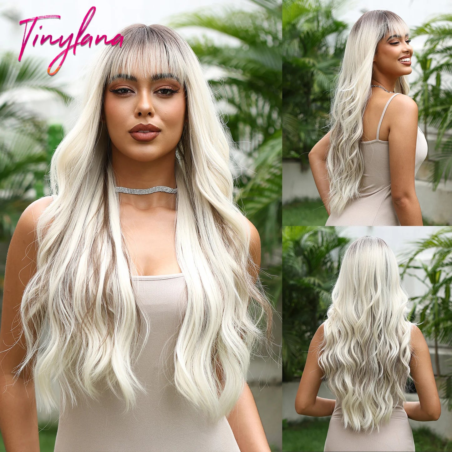 Long Curly White Platinum Synthetic Wigs with Bangs for Women Afro Cosplay Lolita Wavy Wig Natural Hair Heat Reisitant Daily Use