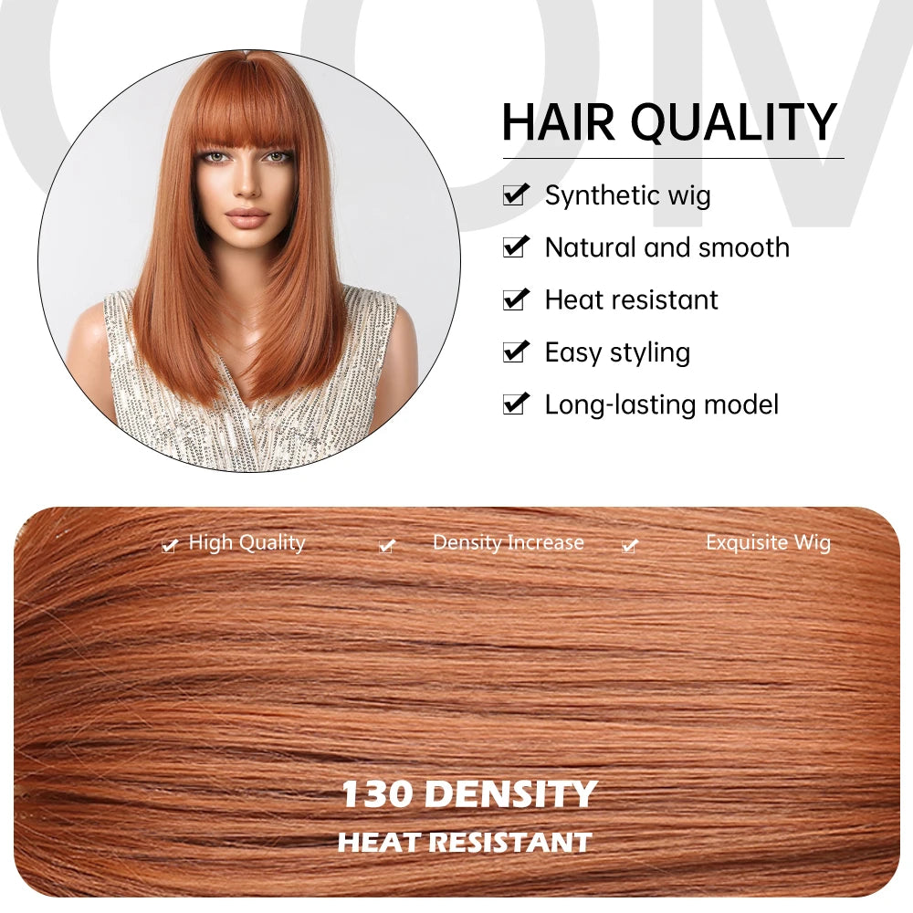 EASIHAIR Copper Ginger Synthetic Wigs with Bangs Medium Length Straight Hair Wig for Women Daily Cosplay Natural Heat Resistant