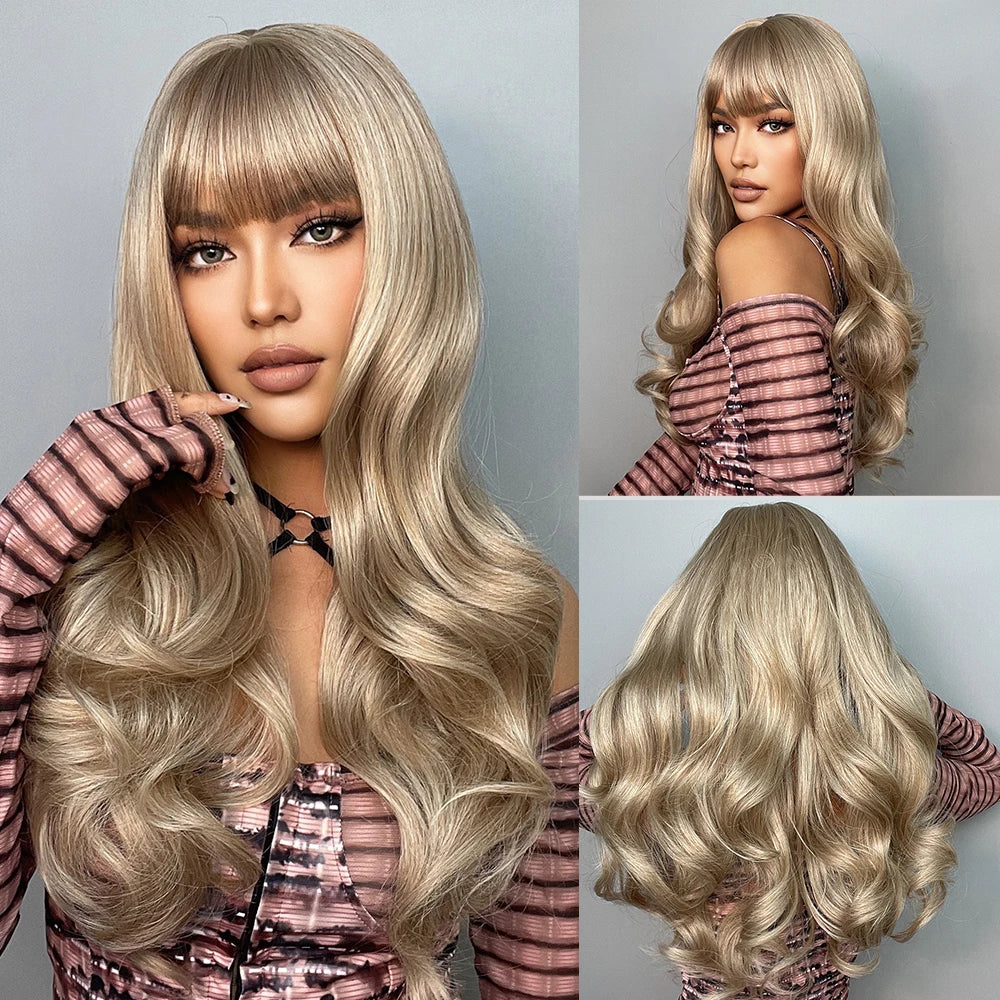 HENRY MARGU Long Natural Wavy Platinum Blonde Wigs with Bangs Cosplay Party Lolita Synthetic Wigs for Women Heat Resistant Fiber