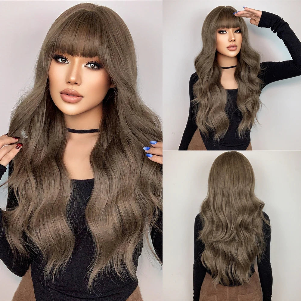 LOUIS FERRE Synthetic Black Green Ombre Long Wavy Curly Wig for Women Natural Hair With Bangs Cosplay Party Heat Resistant Wig