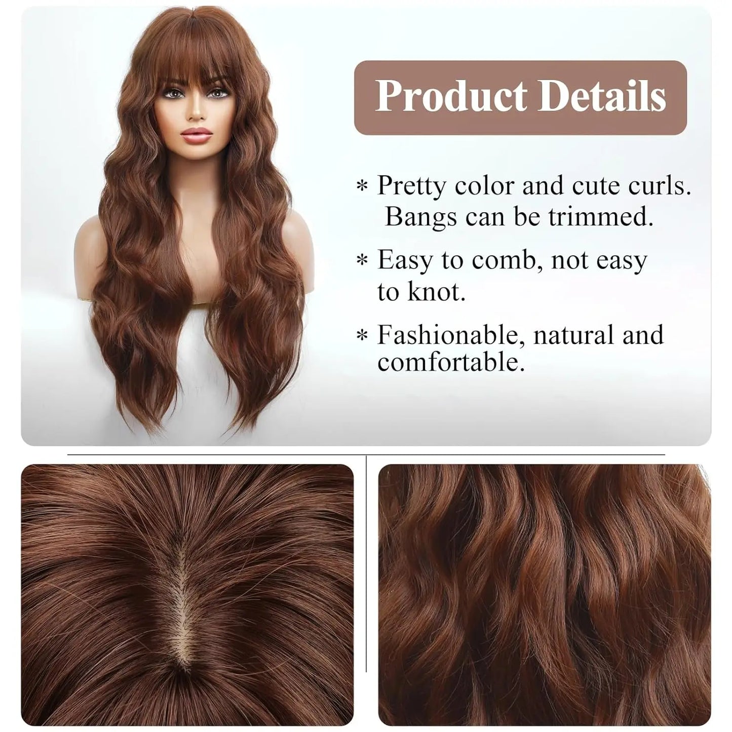 LOUIS FERRE Dark Brown Long Wavy Natural Hair Women's Synthetic Wig With Bangs Long Water Wave Daily Cosplay Hair Heat Resistant