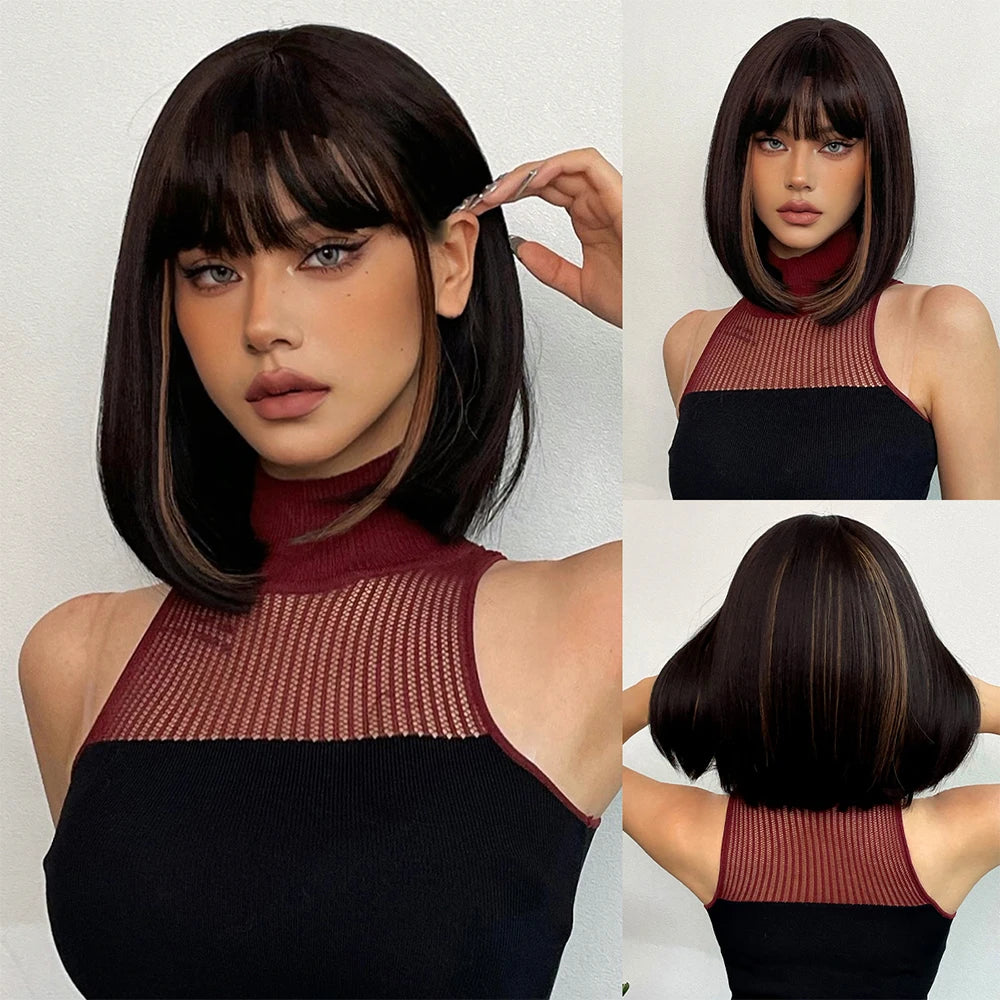 HENRY MARGU Ombre White Blonde Bob Synthetic Wig Short Straight with Bangs Natural Hair Wig for Women Cosplay Wig Heat Resistant