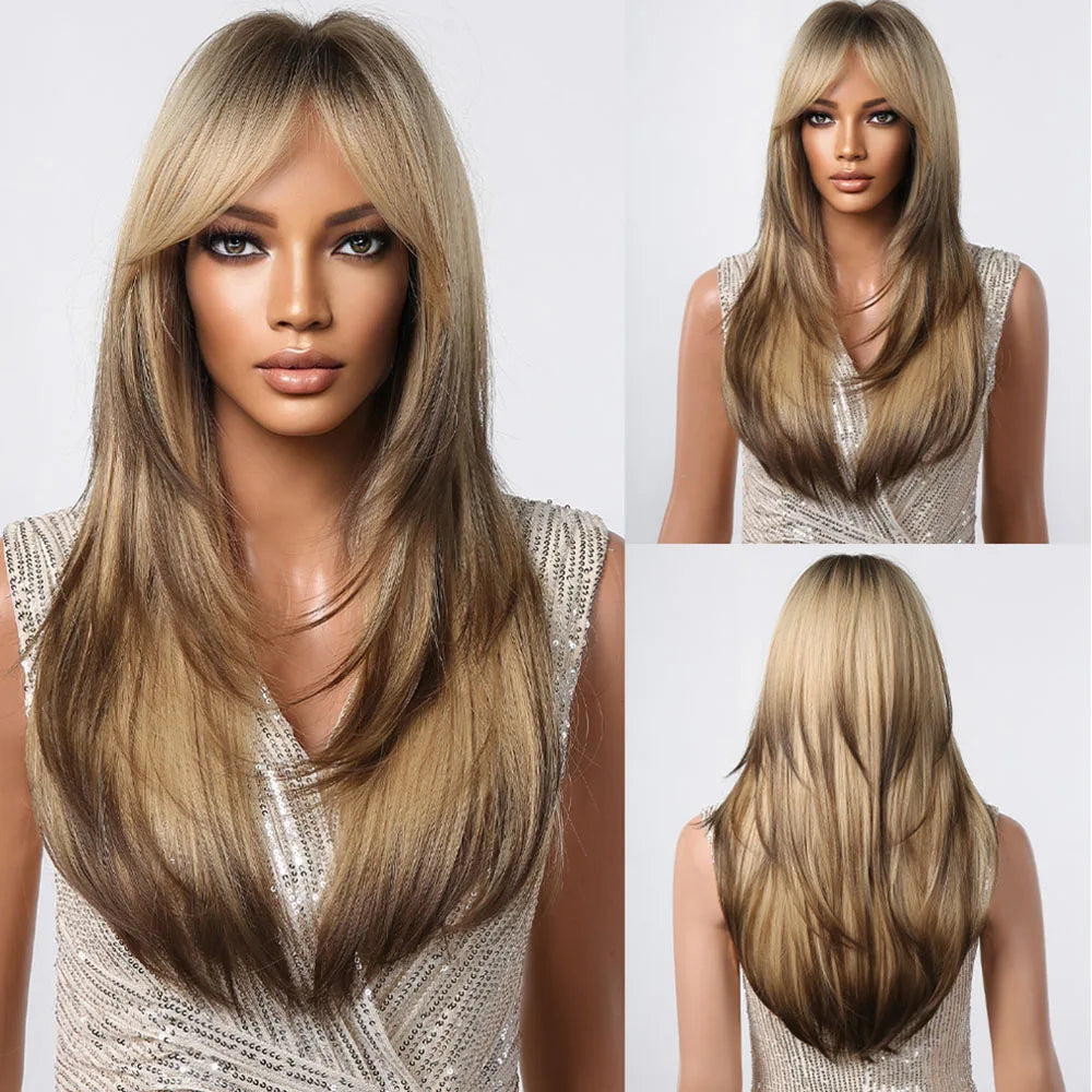 HENRY MARGU Ombre Red to Black Synthetic Wigs with Bangs Long Straight Layered Wig Colored Party Heat Resistant Hair for Women